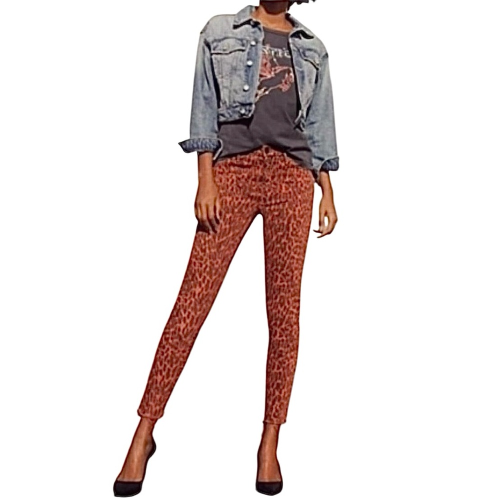 MOTHER High Waisted Looker Ankle Fray Animal Print Skinny Jeans Black Orange S2